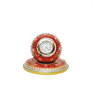 Anjali Arts Decorative Round Marble Clock with Round Plate Stand for Home | Table Top Handicrafts Home Decor Designer Watch Rajasthani Meenakari Work Office (Multicolor, 10x10x7.5 cm)