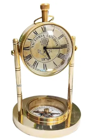 Antique Brass Made Table Clock with Base Compass VintageTable Clock Watch for Study Table, Decor, Office Desk, Home Decor, Gift Item
