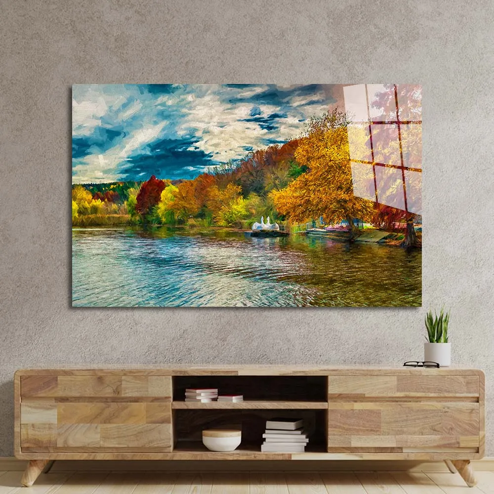 Autumn Swan Lake Glass Wall Art