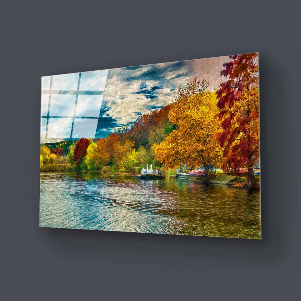 Autumn Swan Lake Glass Wall Art