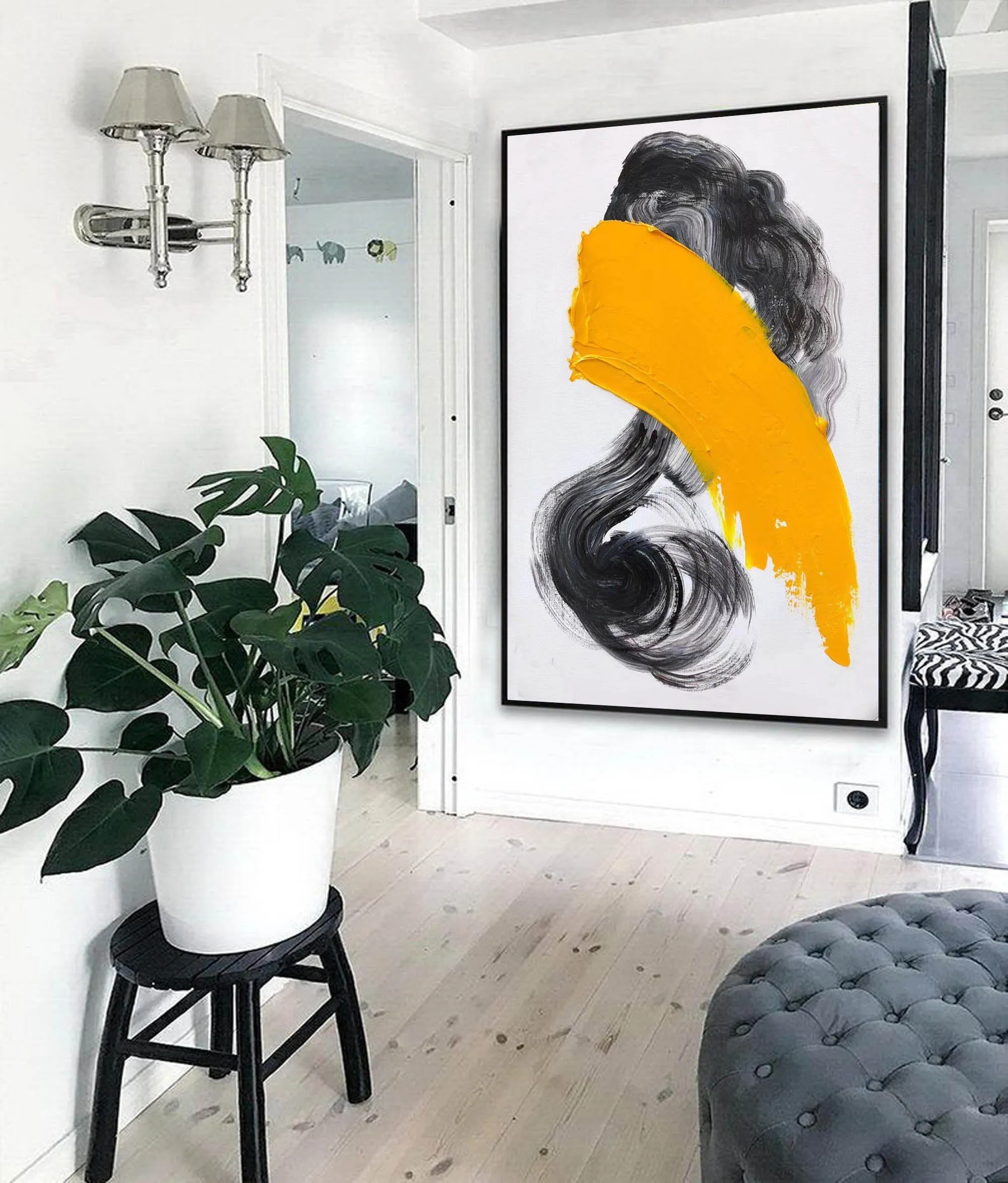 Black And White Painting Yellow Modern Canvas Art Sp082