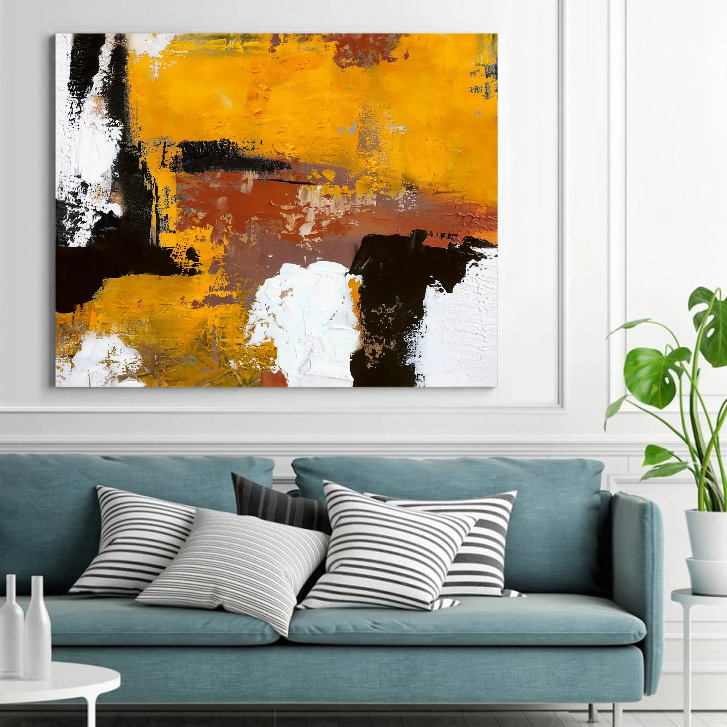 Black White Abstract Canvas Painting Orange Painting Living Room Art Np006