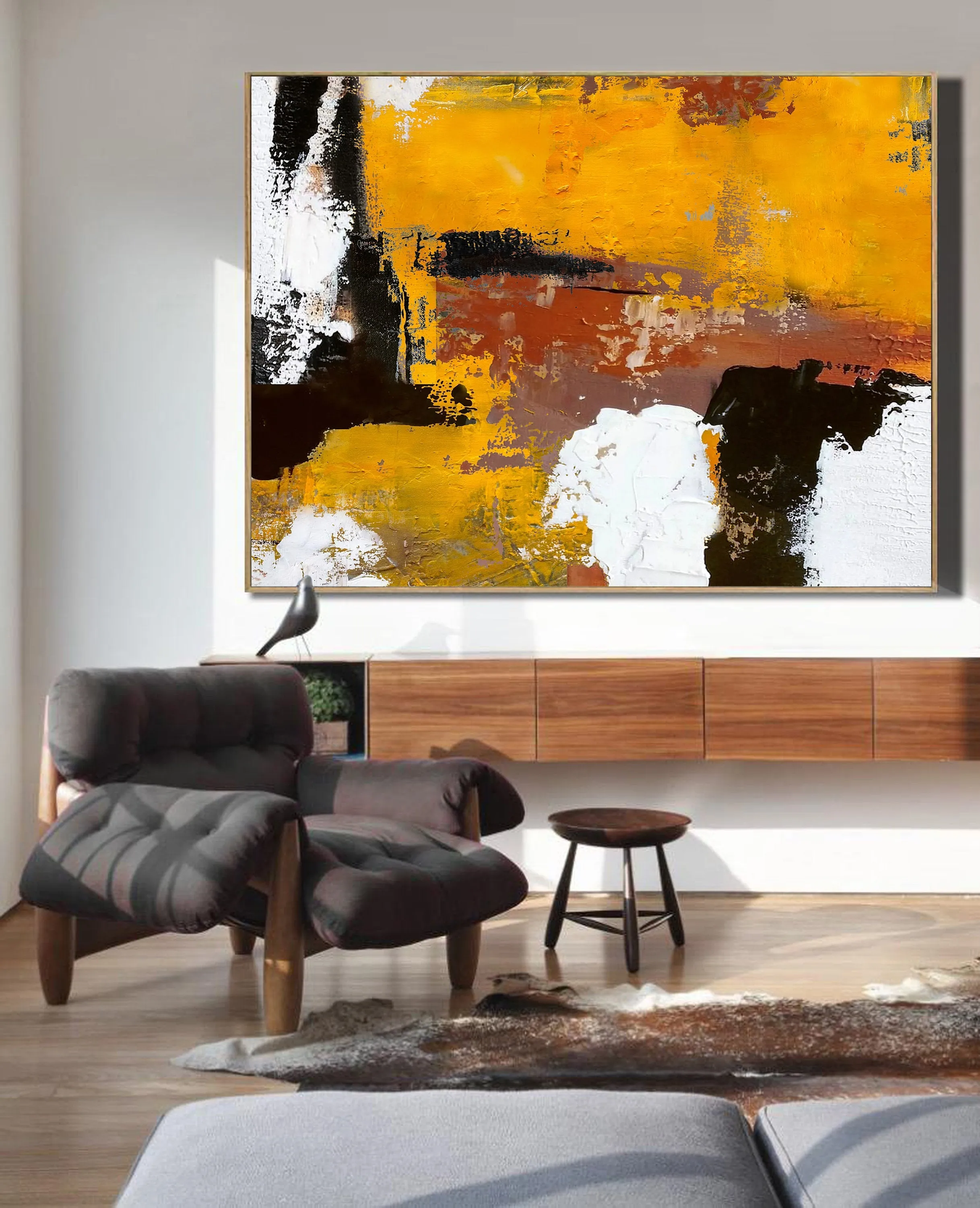 Black White Abstract Canvas Painting Orange Painting Living Room Art Np006