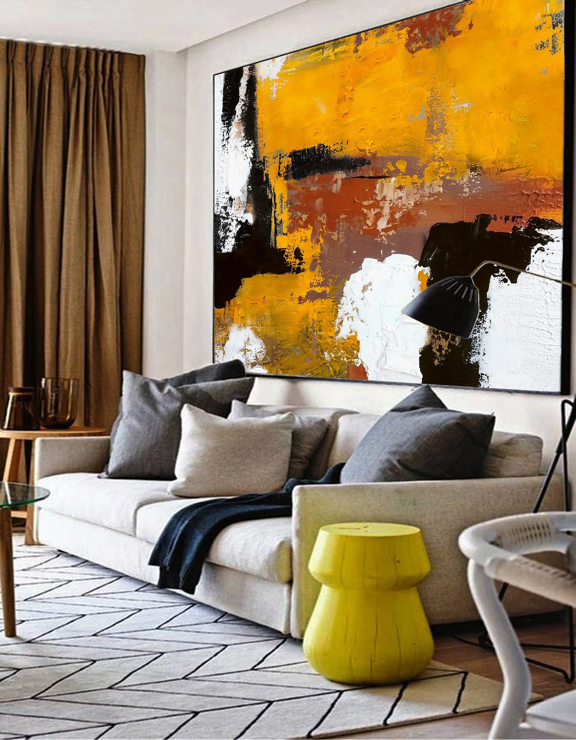 Black White Abstract Canvas Painting Orange Painting Living Room Art Np006