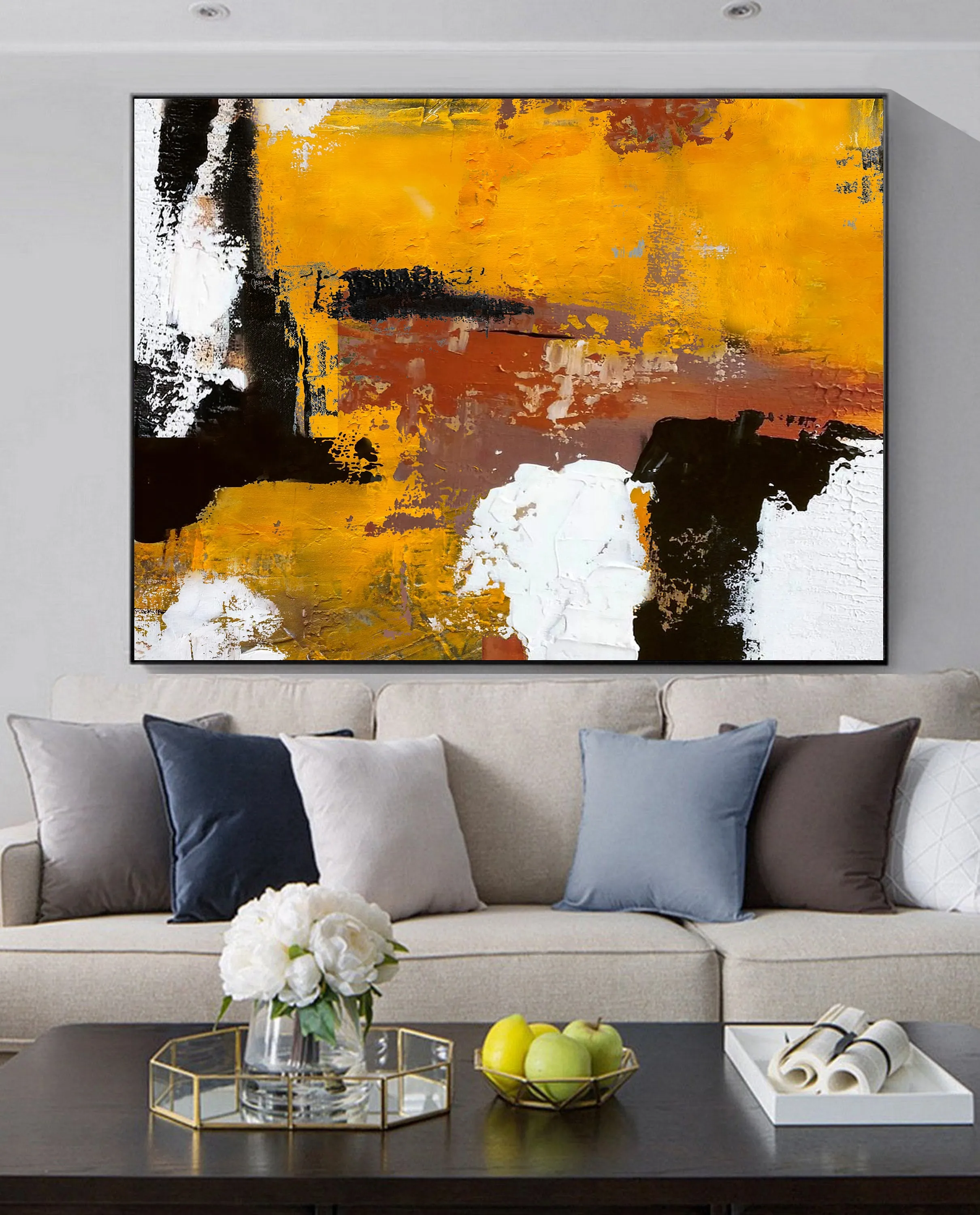 Black White Abstract Canvas Painting Orange Painting Living Room Art Np006