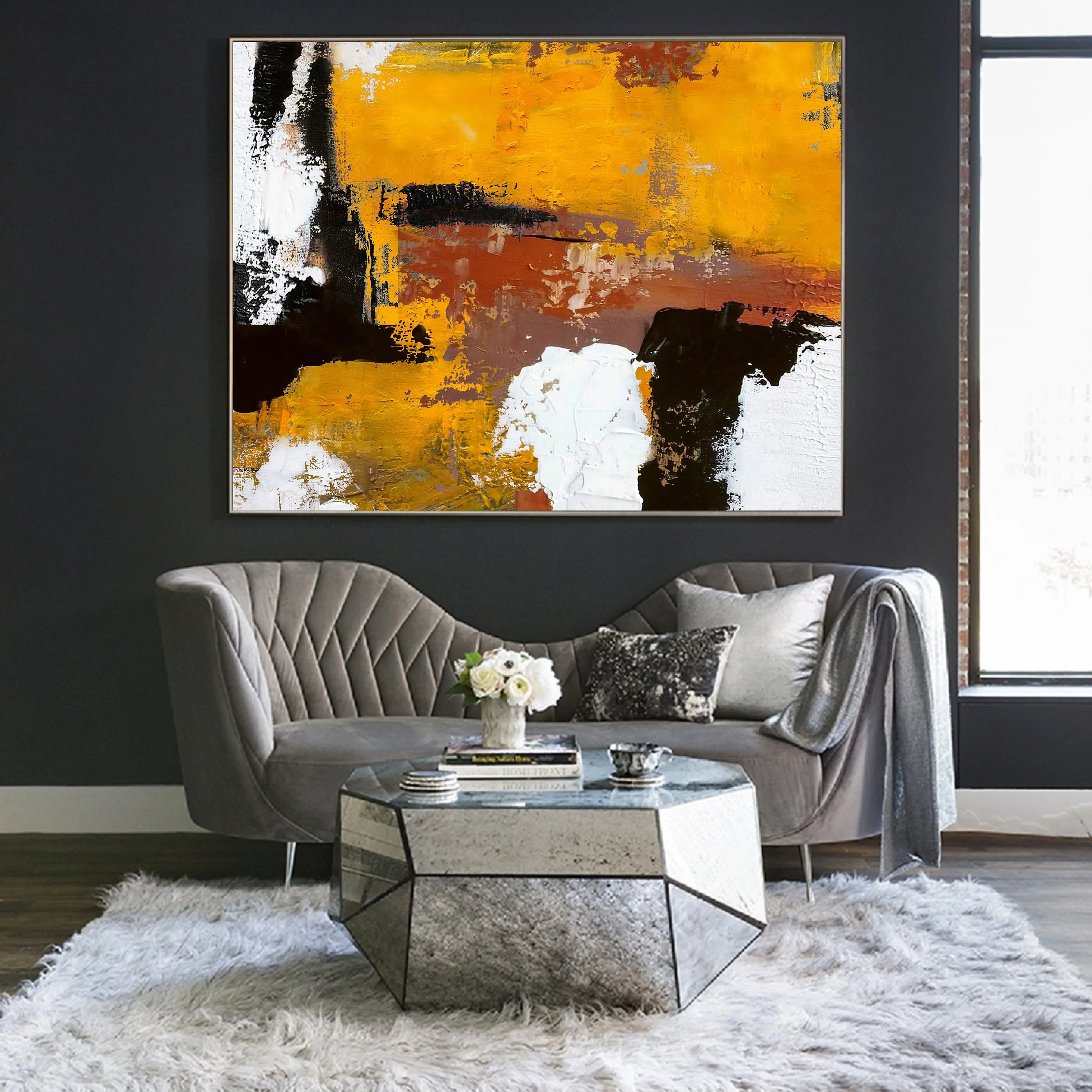 Black White Abstract Canvas Painting Orange Painting Living Room Art Np006