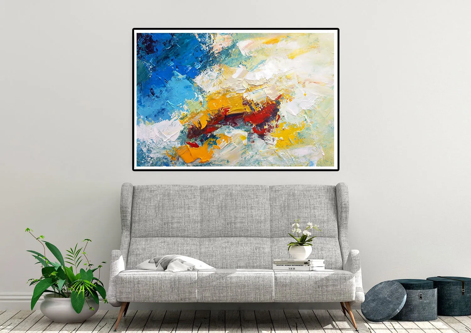 Blue White Yellow Abstract Painting on Canvas Large Artwork Dp035