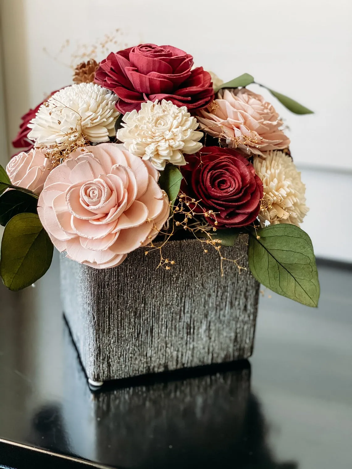Burgundy and Blush Winter Table Arrangement Centerpiece