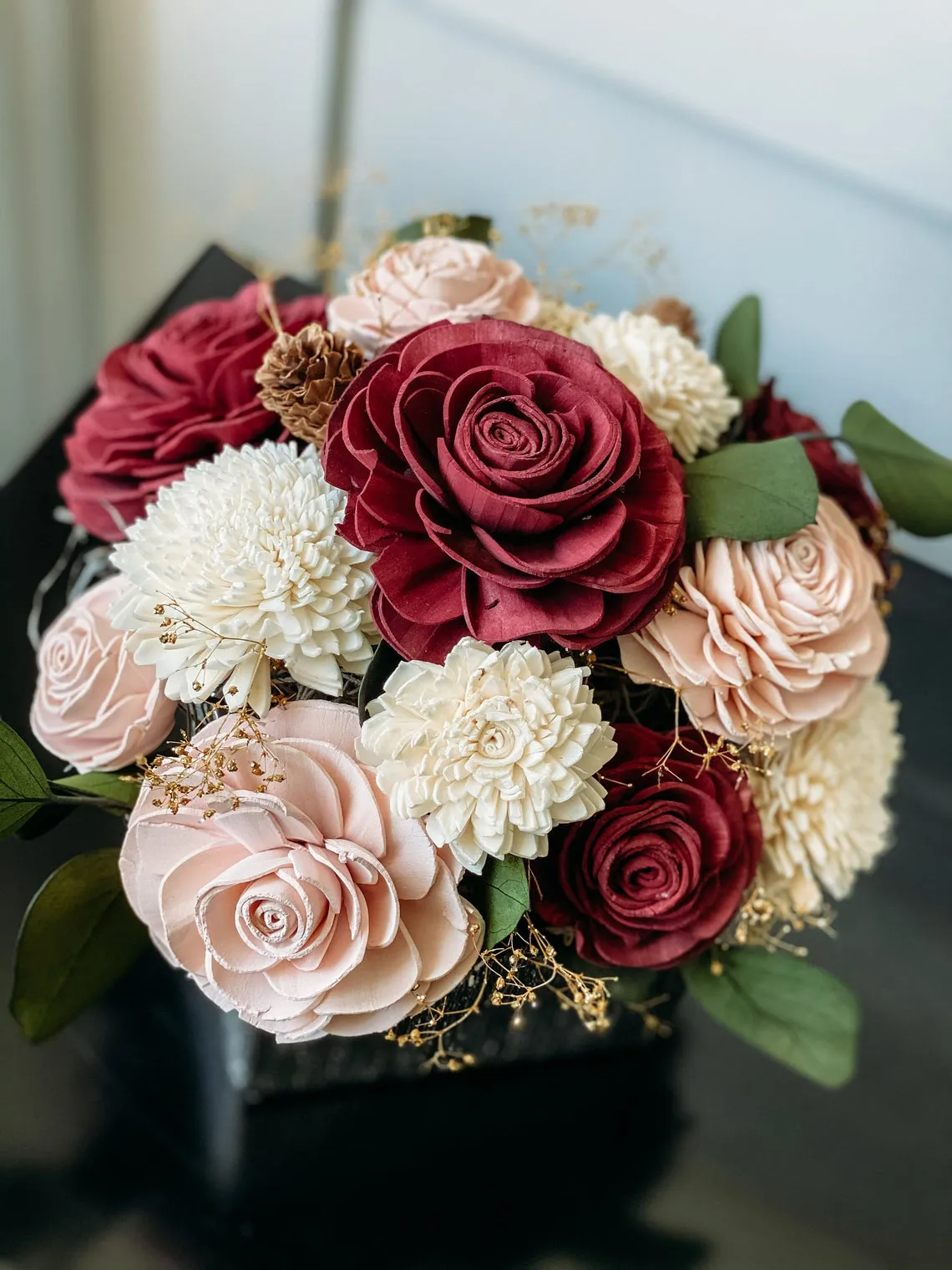 Burgundy and Blush Winter Table Arrangement Centerpiece