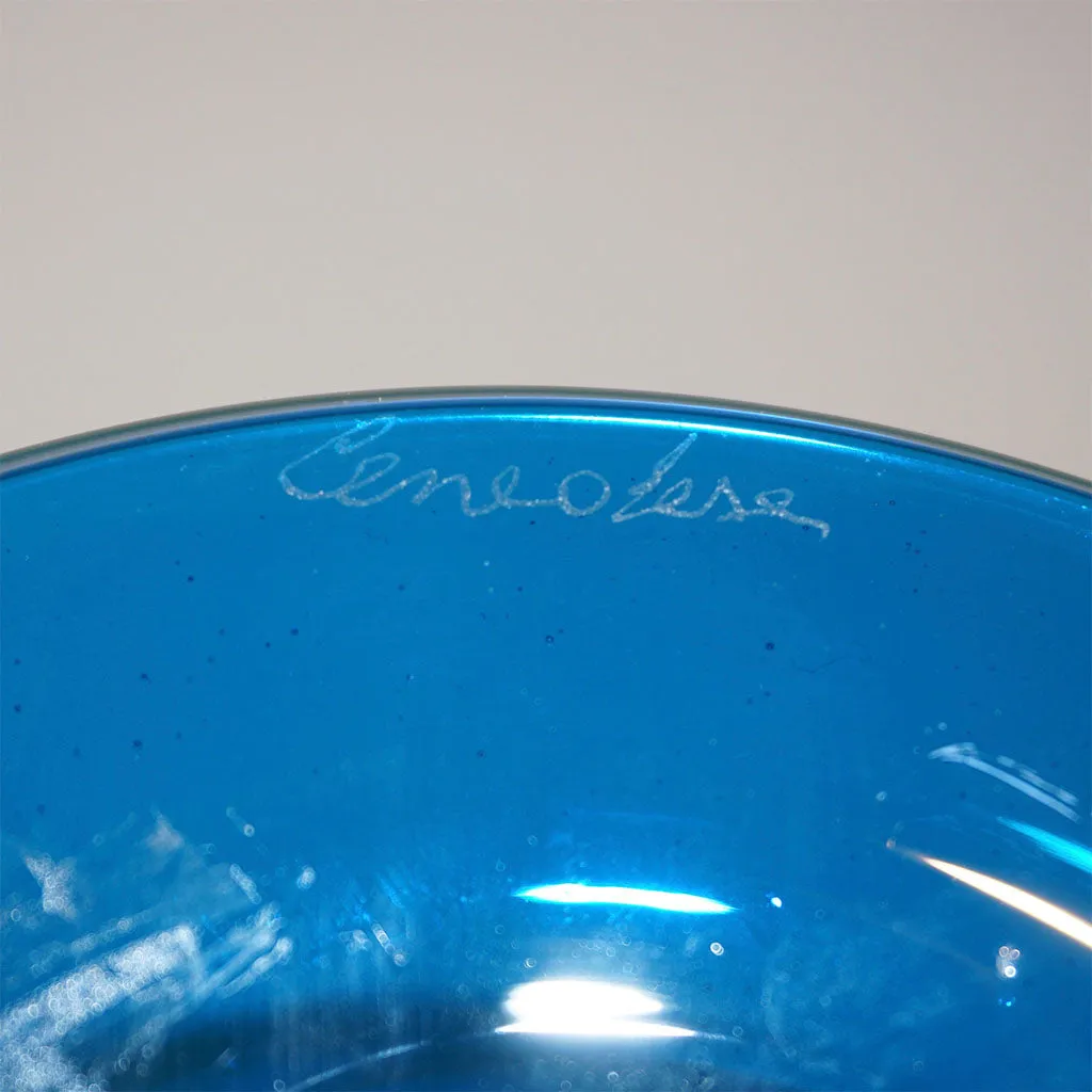 Cenedese 1970 Pair of White Green Orange Murano Glass Conical Vases on Blue Base