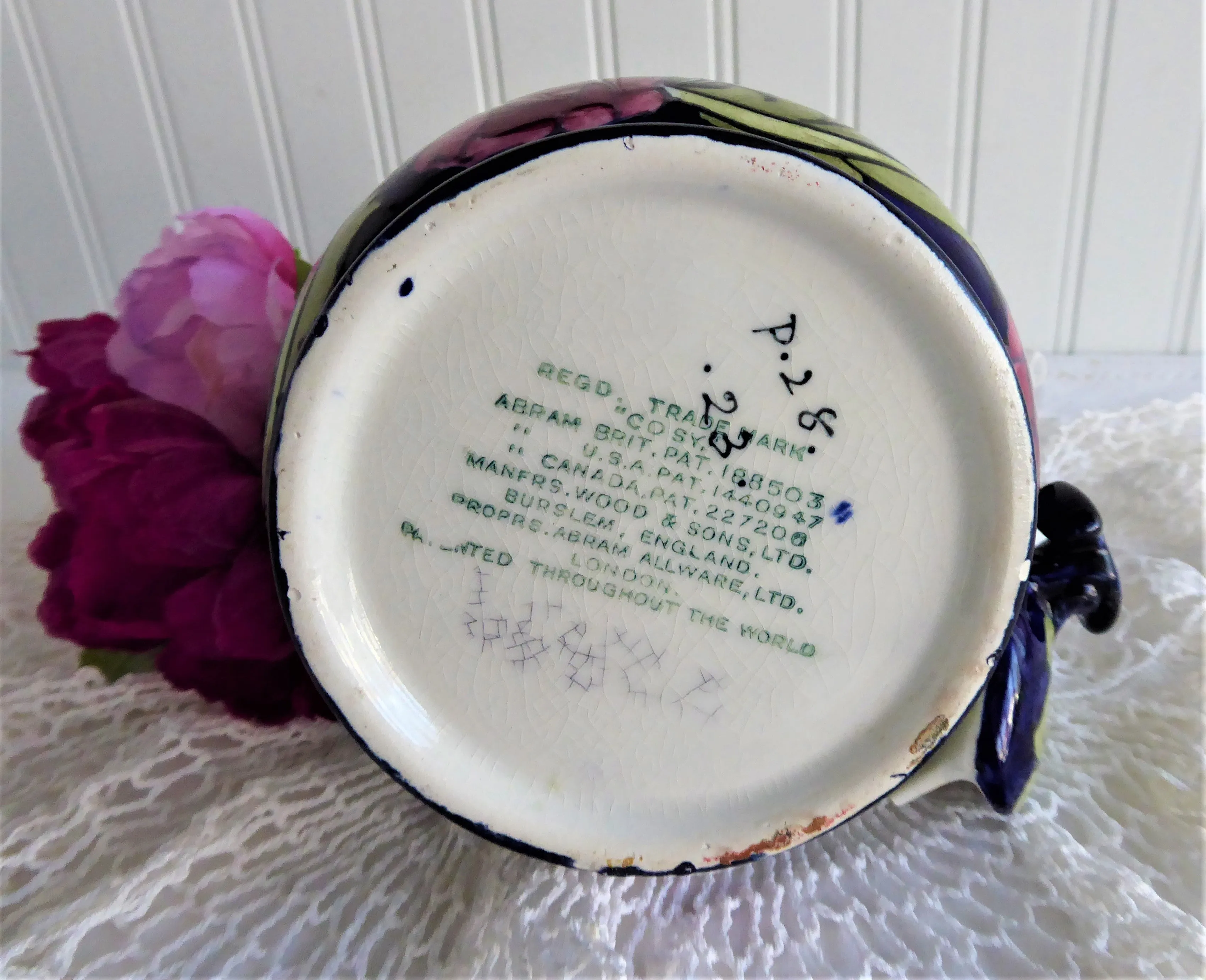 Charlotte Rhead Teapot Cosy Pot Dripless Seed Poppy Tubelined 1920s Pink Cobalt Green Rare