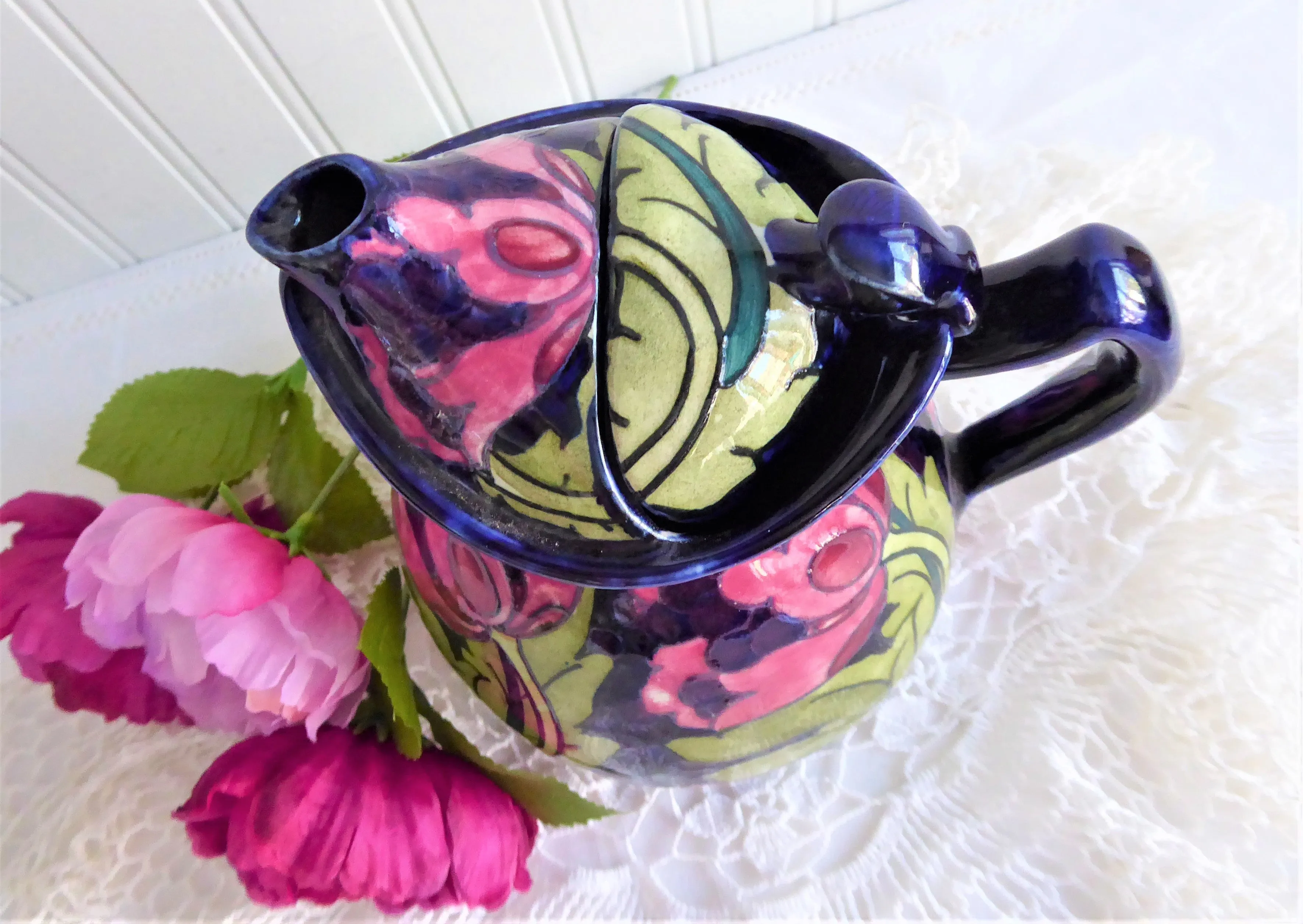 Charlotte Rhead Teapot Cosy Pot Dripless Seed Poppy Tubelined 1920s Pink Cobalt Green Rare