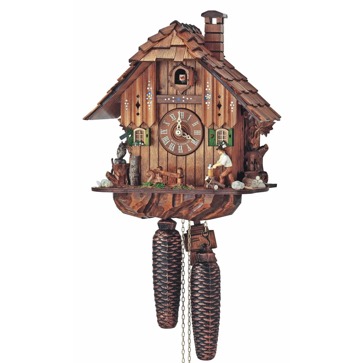 Cuckoo Clock - 8-Day Chalet With Wood Chopper & Owl - Schneider
