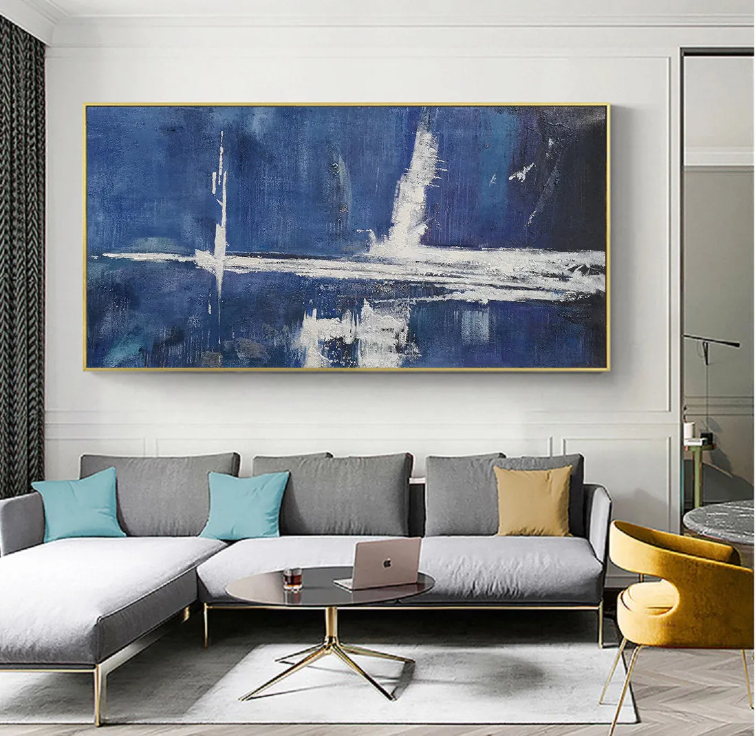 Deep Blue Abstract Painting White Abstract Art Large Wall Painting Np041
