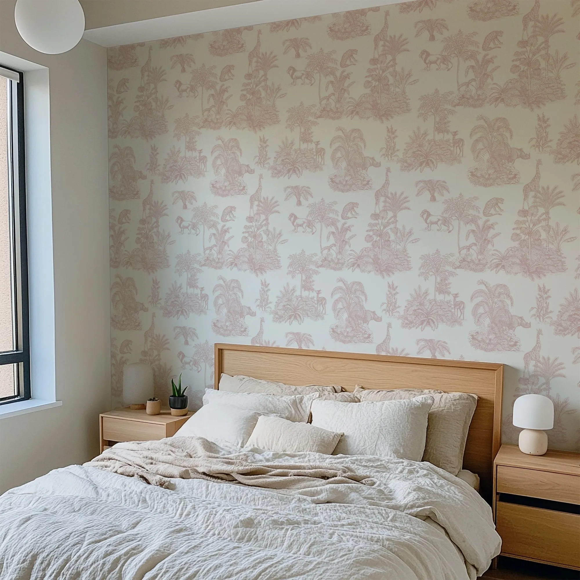Pale Pink Safari Toile Wallpaper