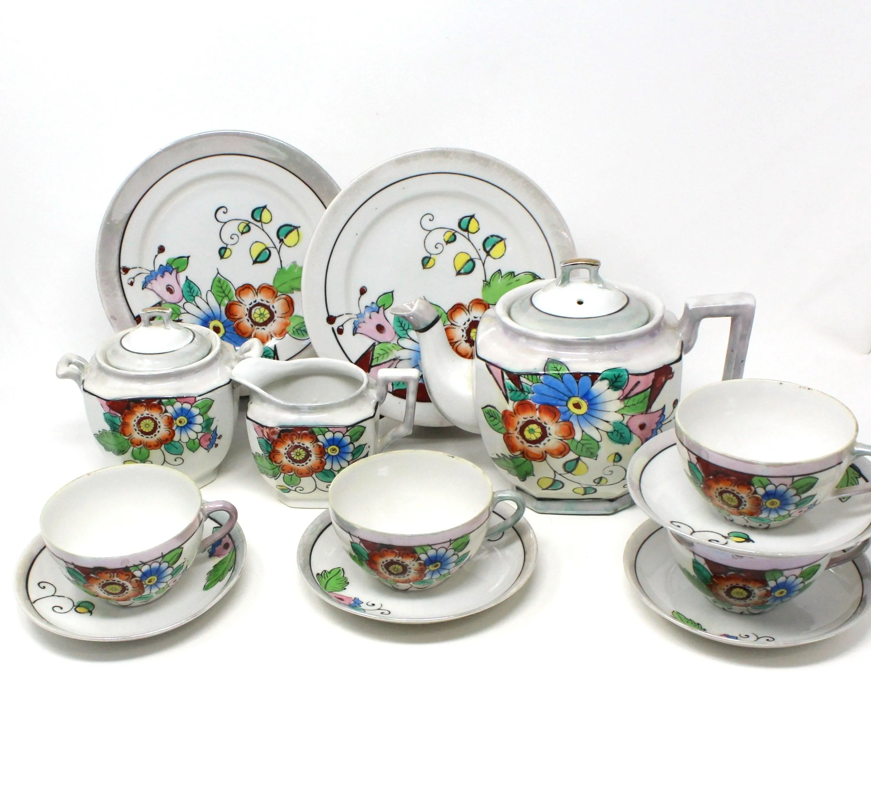 Tea Set, Japan Lusterware Floral, Teapot, Sugar, Creamer, Cups/Saucers & Plates, 13 Pcs, Vintage
